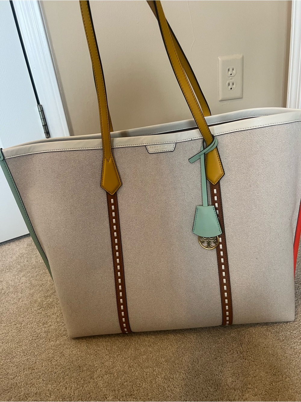 Tory Burch Canvas Tote in Ivory with Mustard, Mint and Brown Accents